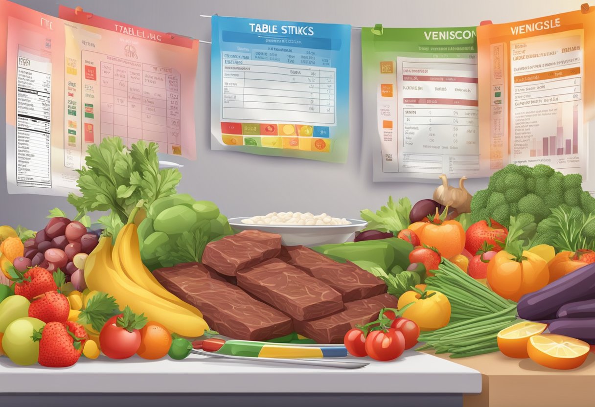 A table with a variety of venison meat sticks, surrounded by colorful fruits and vegetables, with a nutrition label and a scale nearby