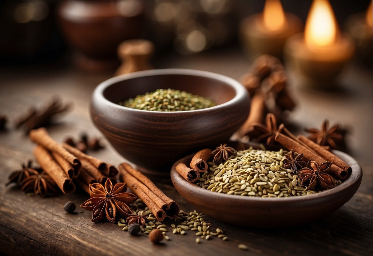 A table with various whole spices - star anise, cloves, cinnamon, Sichuan peppercorns, and fennel seeds. A mortar and pestle nearby for grinding