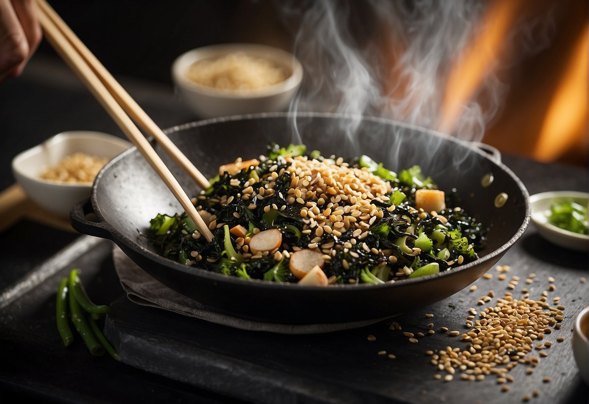 A wok sizzles with sesame oil, as chopped garlic and ginger are added. Dried seaweed is then tossed in, followed by soy sauce and a sprinkle of sesame seeds