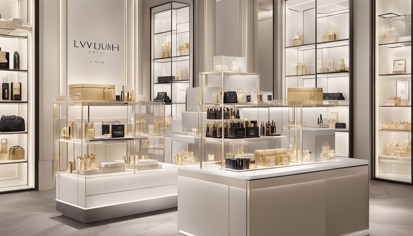 A luxurious display of high-end experiences and lifestyle products under the LVMH brand, featuring elegant packaging and sophisticated branding