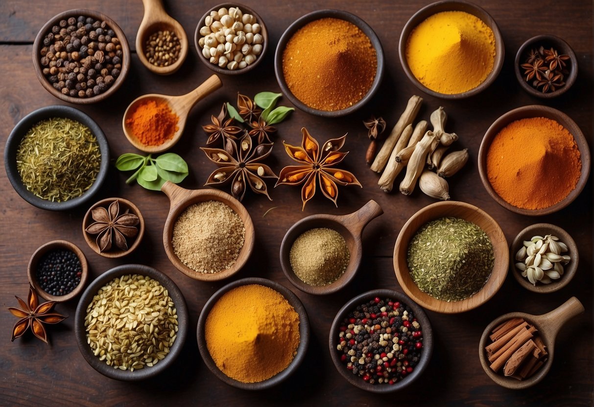 A variety of traditional Chinese spices and herbs arranged on a wooden table, including star anise, Sichuan peppercorns, ginger, and garlic