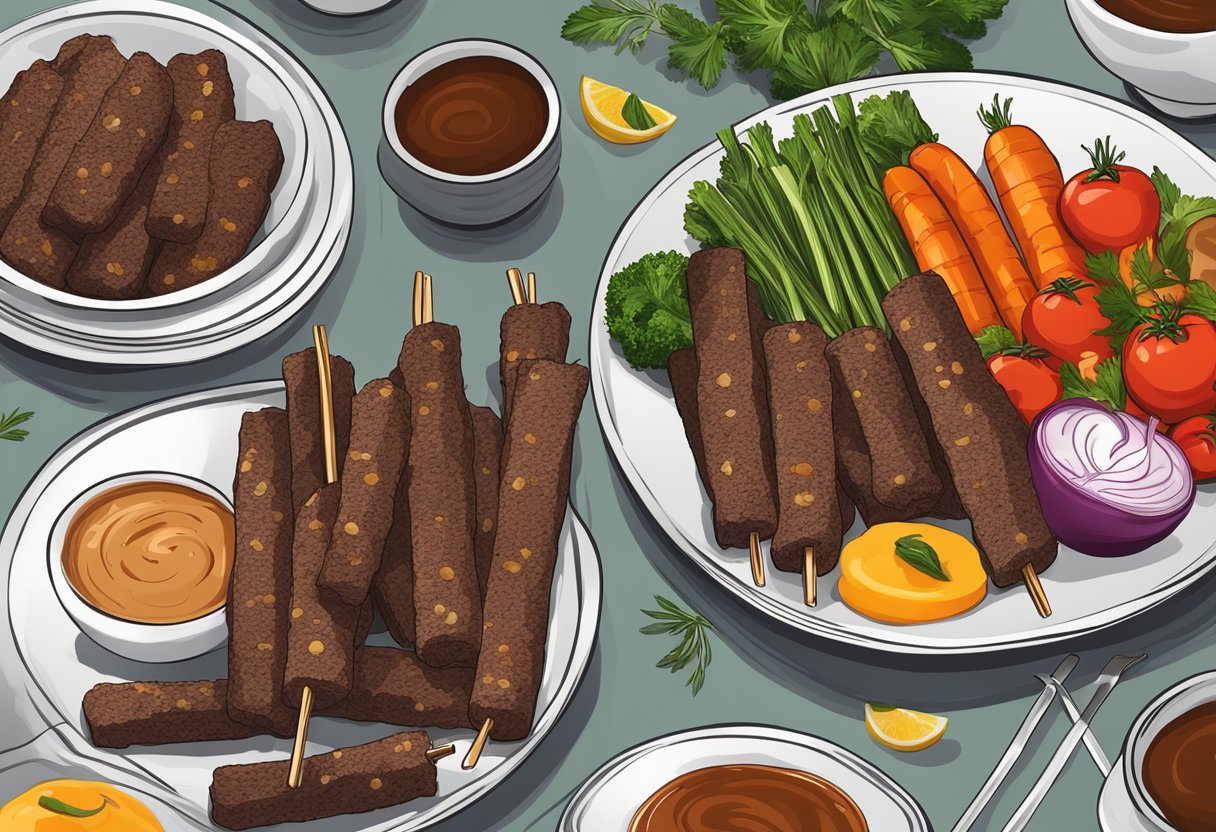 A plate of venison meat sticks with herbs and spices, accompanied by fresh vegetables and a dipping sauce