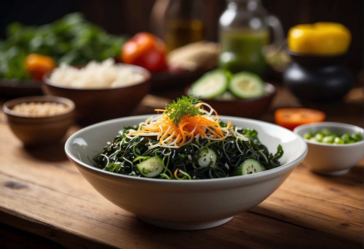 A bowl of Chinese seaweed salad with vibrant colors and fresh ingredients, arranged neatly on a wooden table