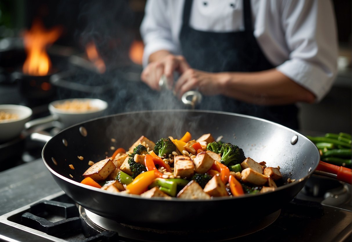 A wok sizzles with stir-fried vegetables and marinated tofu, as a chef sprinkles soy sauce, ginger, and garlic into the pan