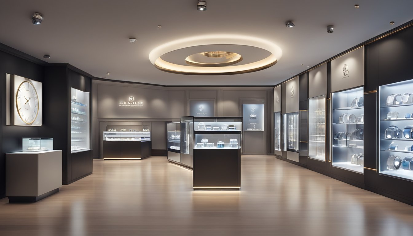 A luxurious display of top watch brands in a sleek and modern showcase. Brand logos and elegant timepieces are highlighted with soft, ambient lighting