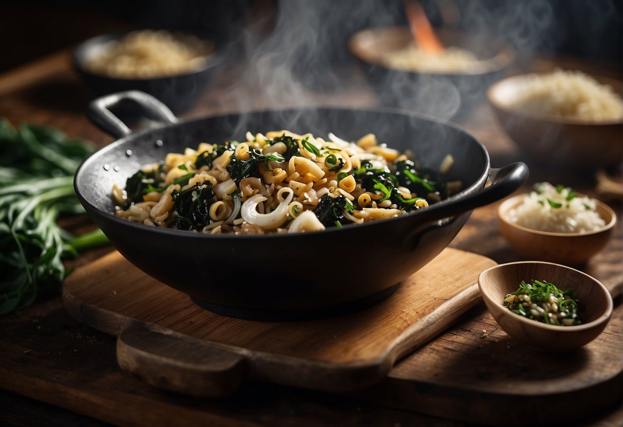 Sizzling wok with chopped garlic and ginger, as seaweed is added and quickly stir-fried, then seasoned with soy sauce and sesame oil