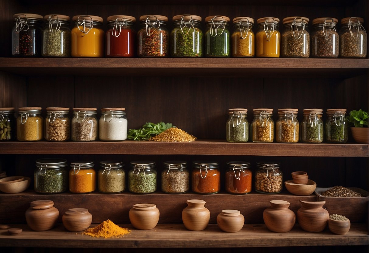 Various Chinese spices and herbs neatly arranged on a wooden shelf, with jars of preserved sauces and seasonings lined up next to them