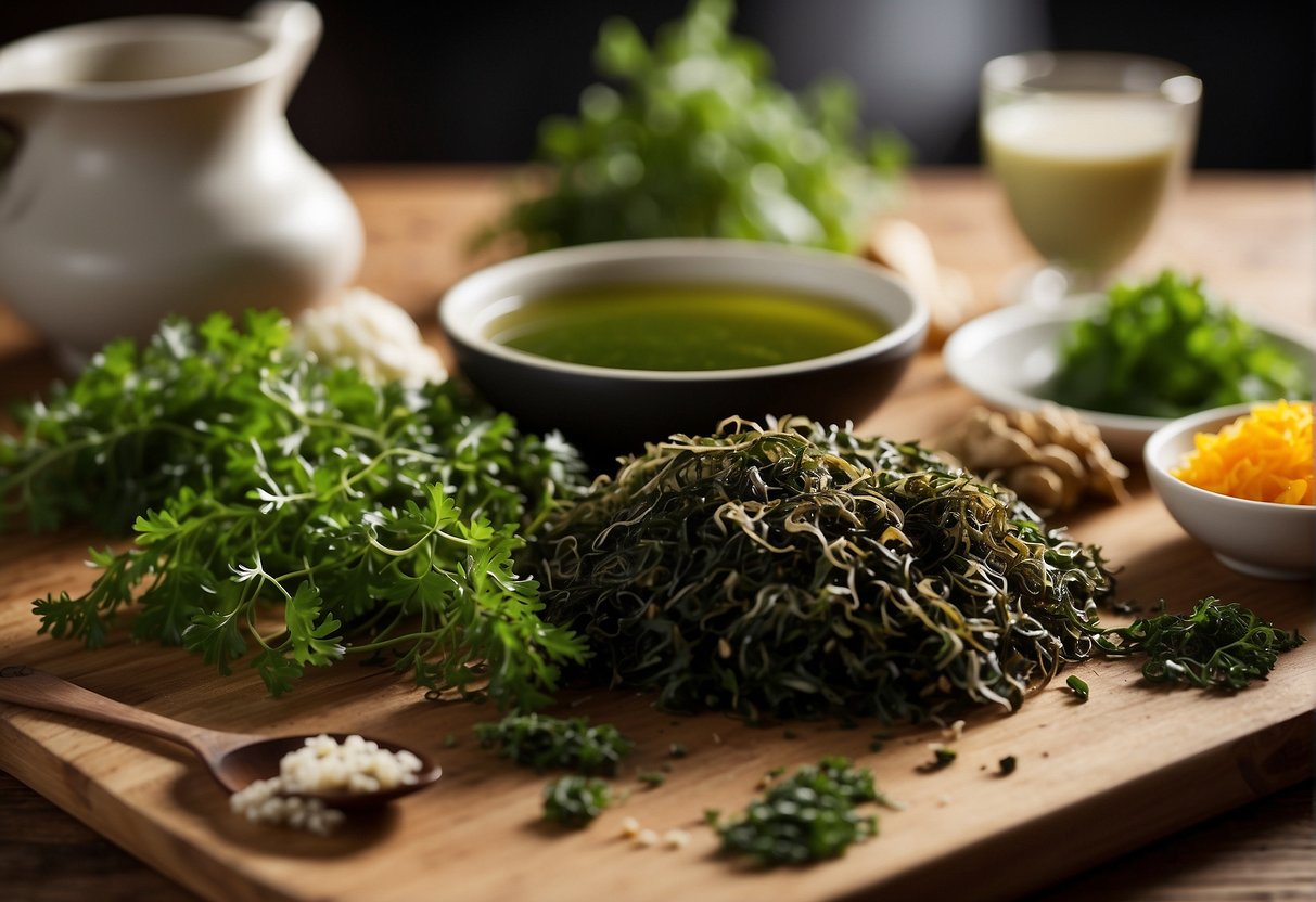 A variety of seaweed types and vibrant ingredients arranged on a wooden cutting board. A bowl of fragrant broth steams in the background