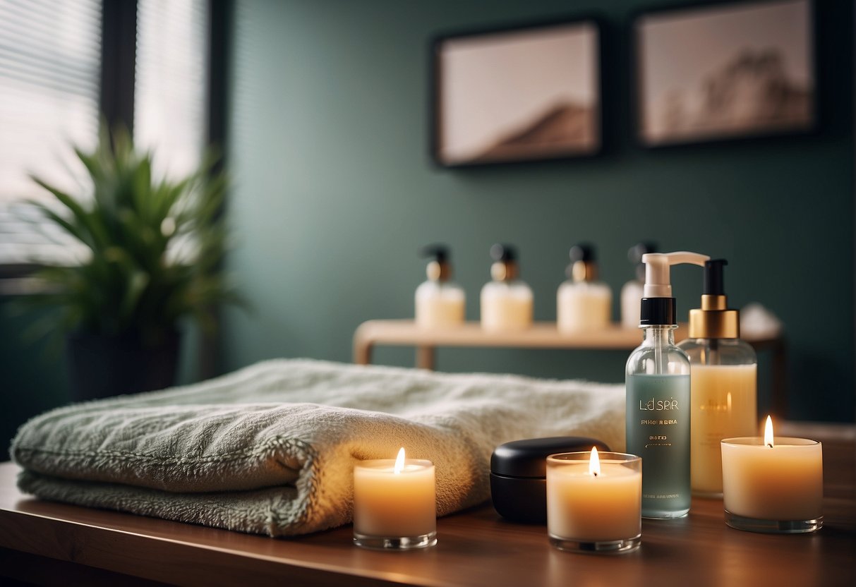 A serene spa room with a comfortable bed, soft lighting, and soothing music. A table with post-depilation care products and a poster with instructions on post-depilation care for both with and without pubic hair