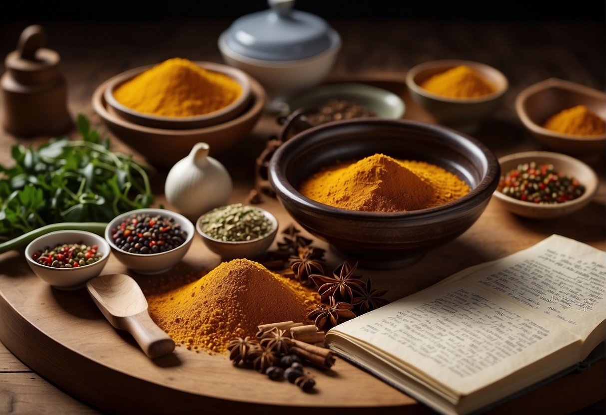A table with various Chinese spices and ingredients laid out, with a recipe book open to a page titled "Frequently Asked Questions Chinese Seasoning Recipe"