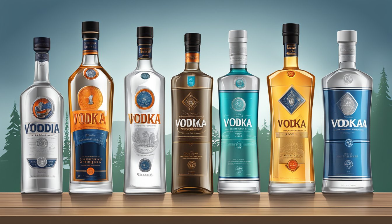 Various vodka bottles displayed on a backlit shelf, with distinct logos and labels, showcasing the different brands and their unique packaging designs