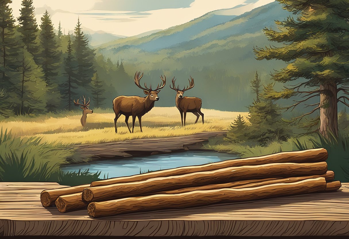 A package of venison snack sticks sits on a rustic wooden table, with a backdrop of a forest and a deer grazing in the distance