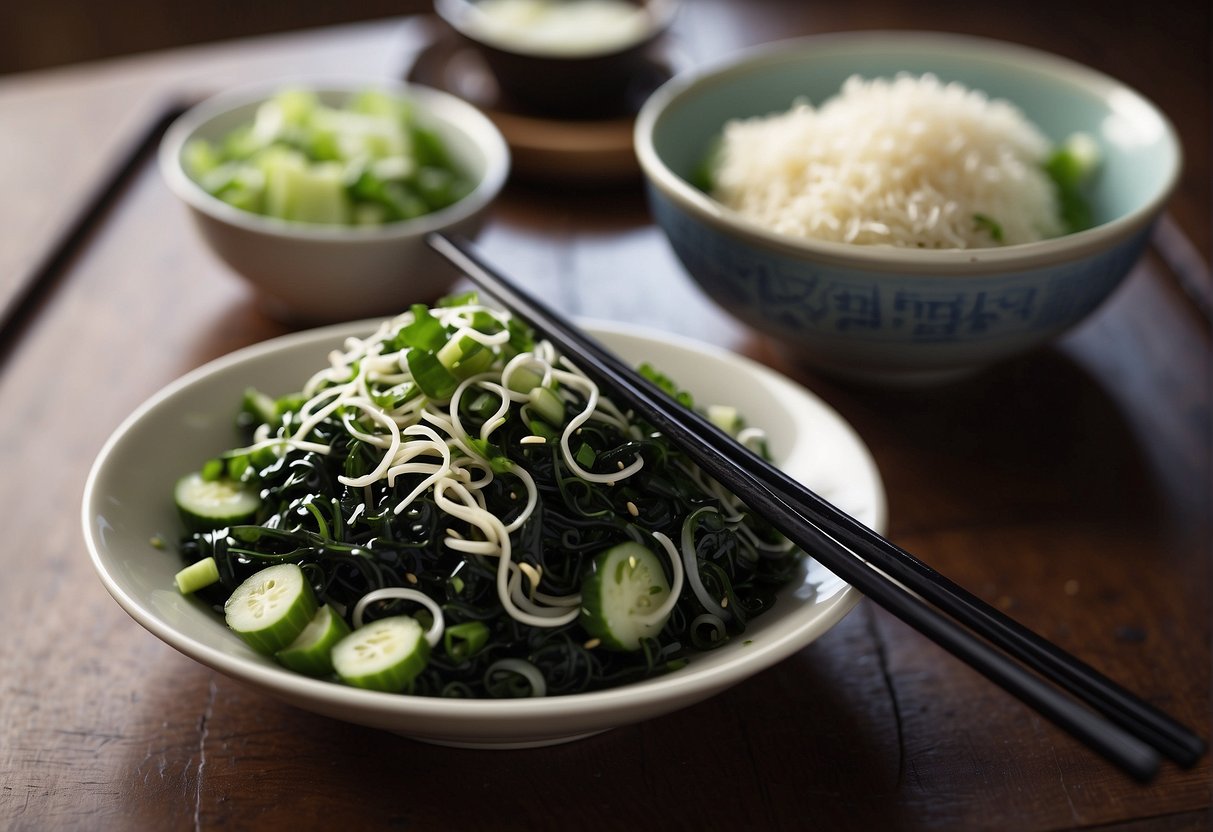 A bowl of Chinese seaweed salad garnished with sesame seeds and sliced green onions, placed on a wooden table with chopsticks beside it