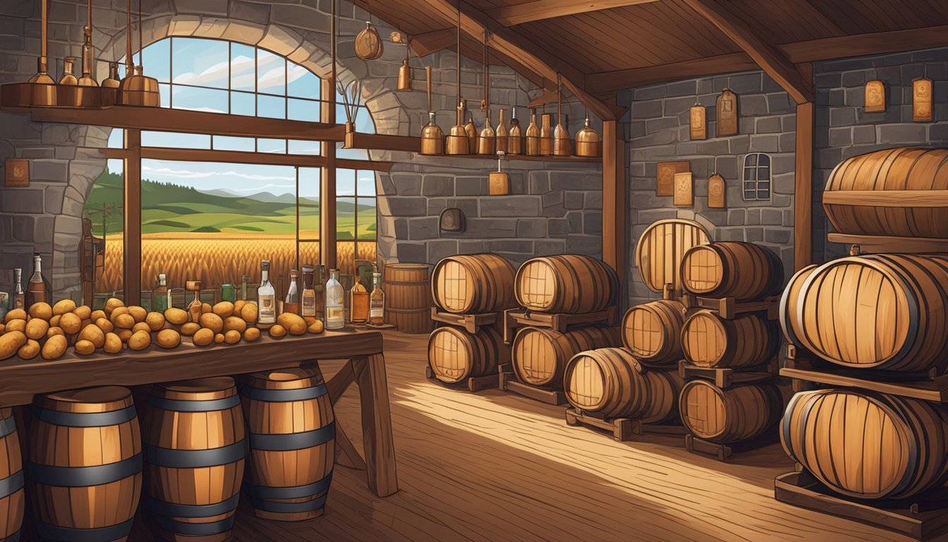 A distillery with copper stills and barrels, surrounded by fields of wheat and potatoes. Labels of various vodka brands line the walls, showcasing the history and production of the spirit