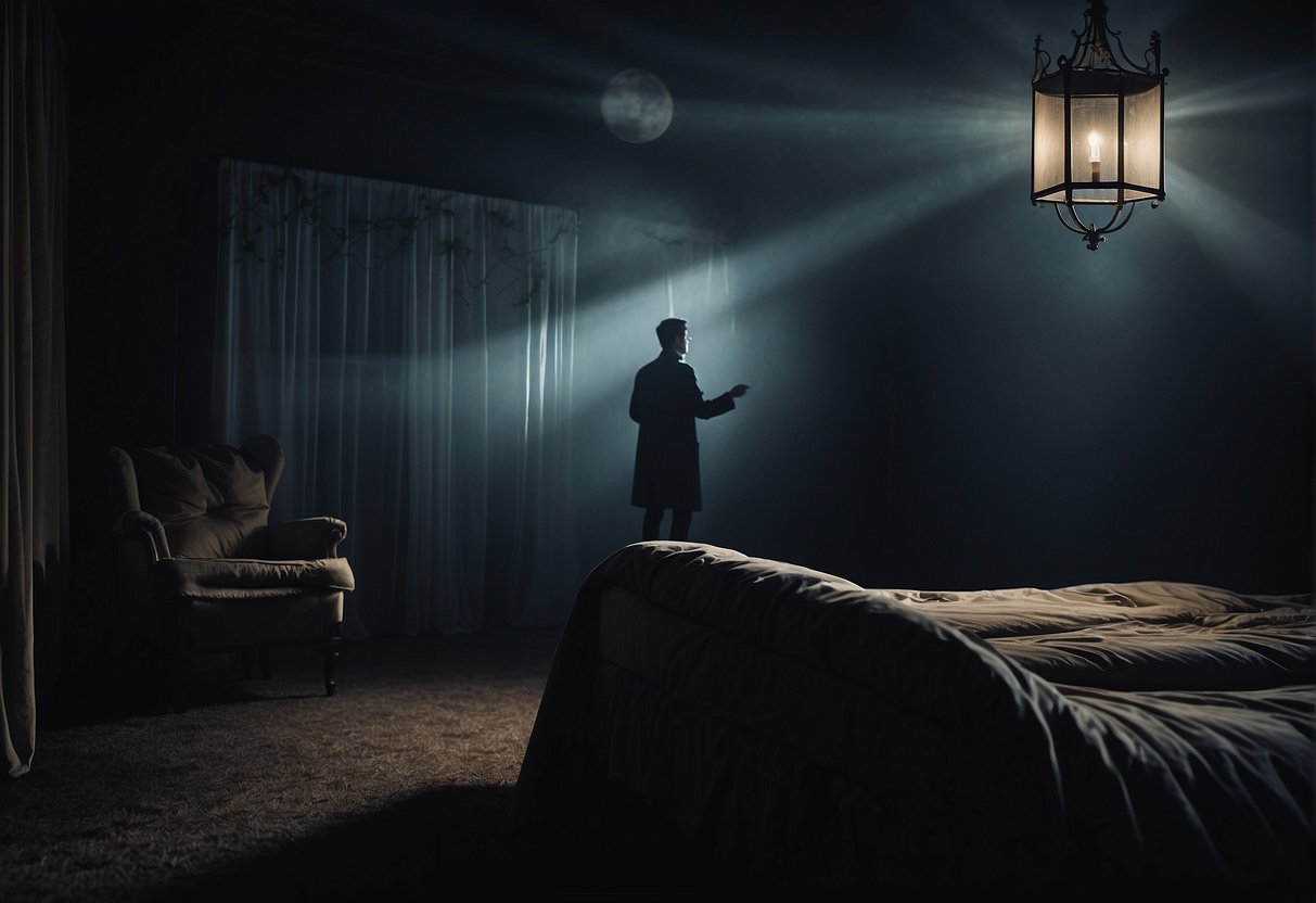 Dark shadows loom over a bed, with ominous symbols floating above. A figure in the dream reaches out in fear