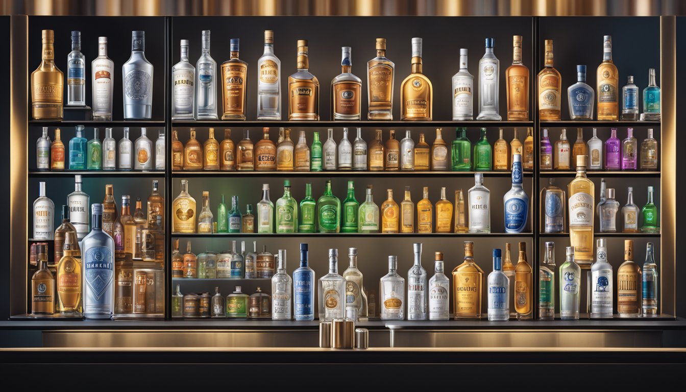 Bottles of renowned vodka brands displayed on a sleek, backlit bar shelf