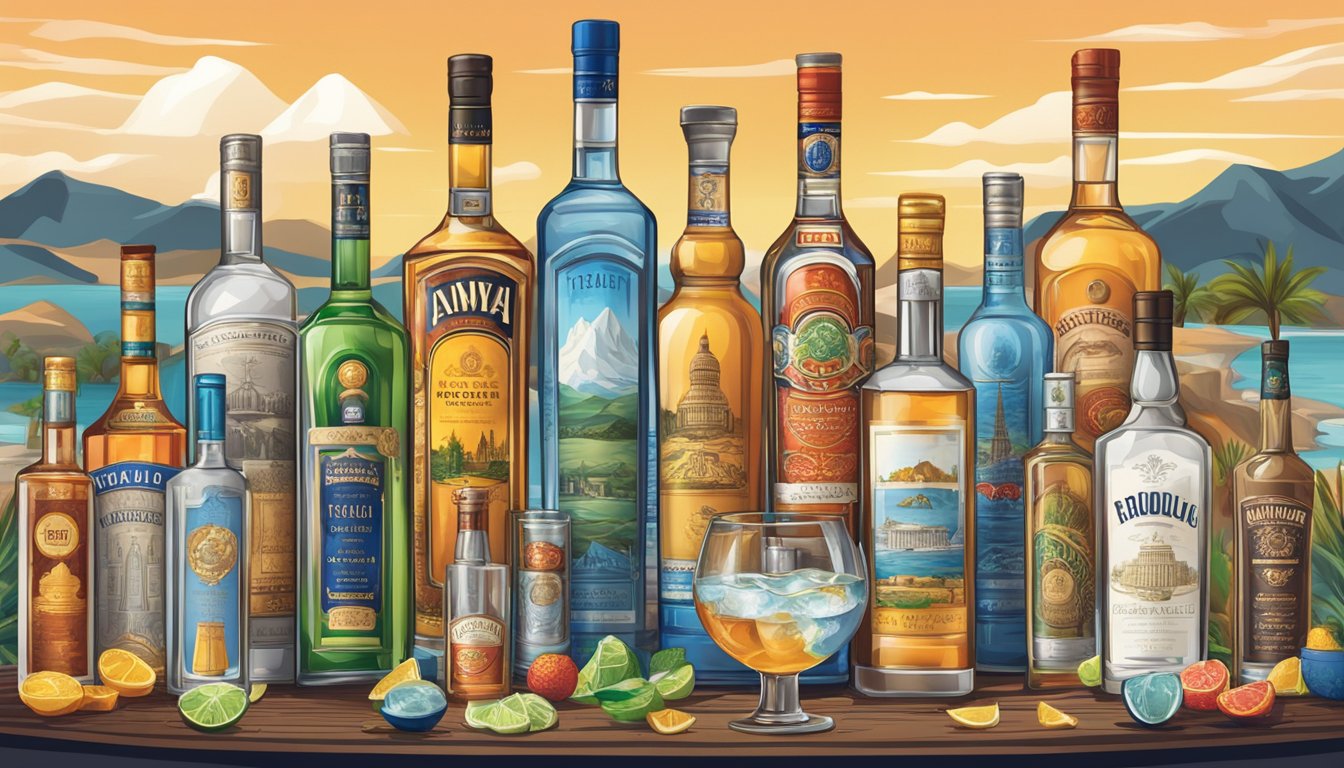 A table adorned with various vodka bottles from around the world, each representing different cultures and traditions. The backdrop showcases iconic landmarks from different countries