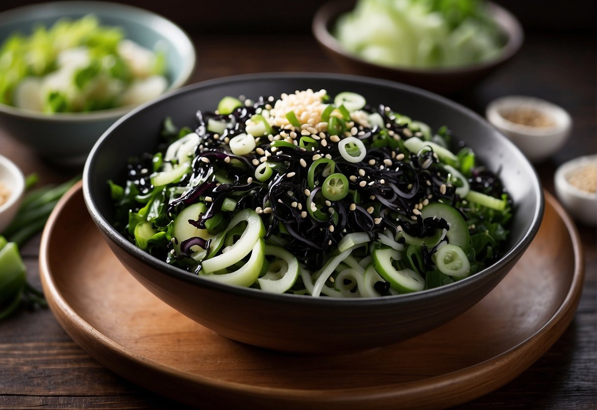 A bowl of freshly prepared Chinese seaweed salad, garnished with sesame seeds and sliced green onions, sits on a wooden table