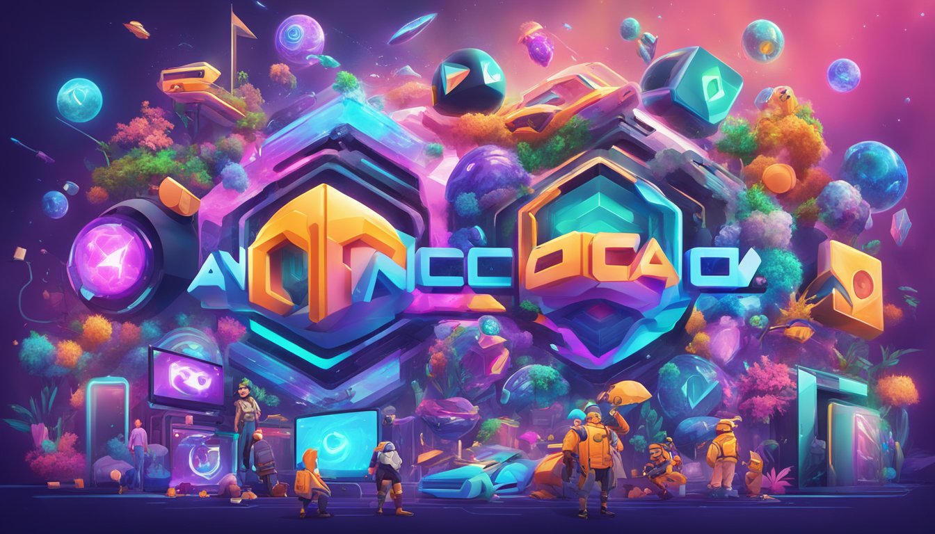 Animoca Brands logo surrounded by digital assets and gaming characters, with vibrant colors and futuristic elements