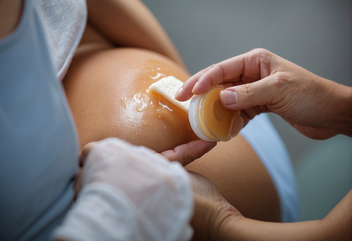 A person applying depilatory cream to pubic area before hair removal