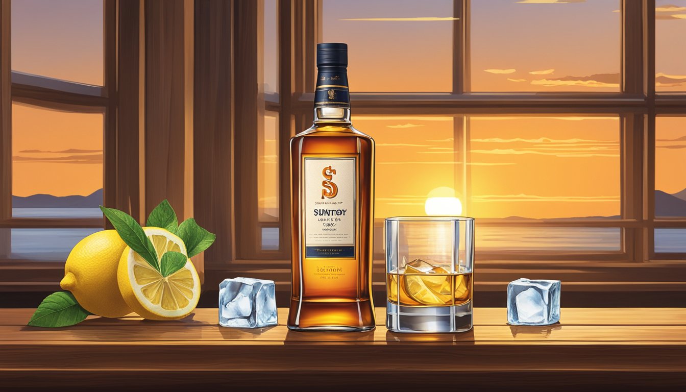 A bottle of Suntory brand whiskey sits on a wooden table, surrounded by ice cubes and a slice of lemon. The warm glow of a sunset filters through a window, casting a soft light on the scene