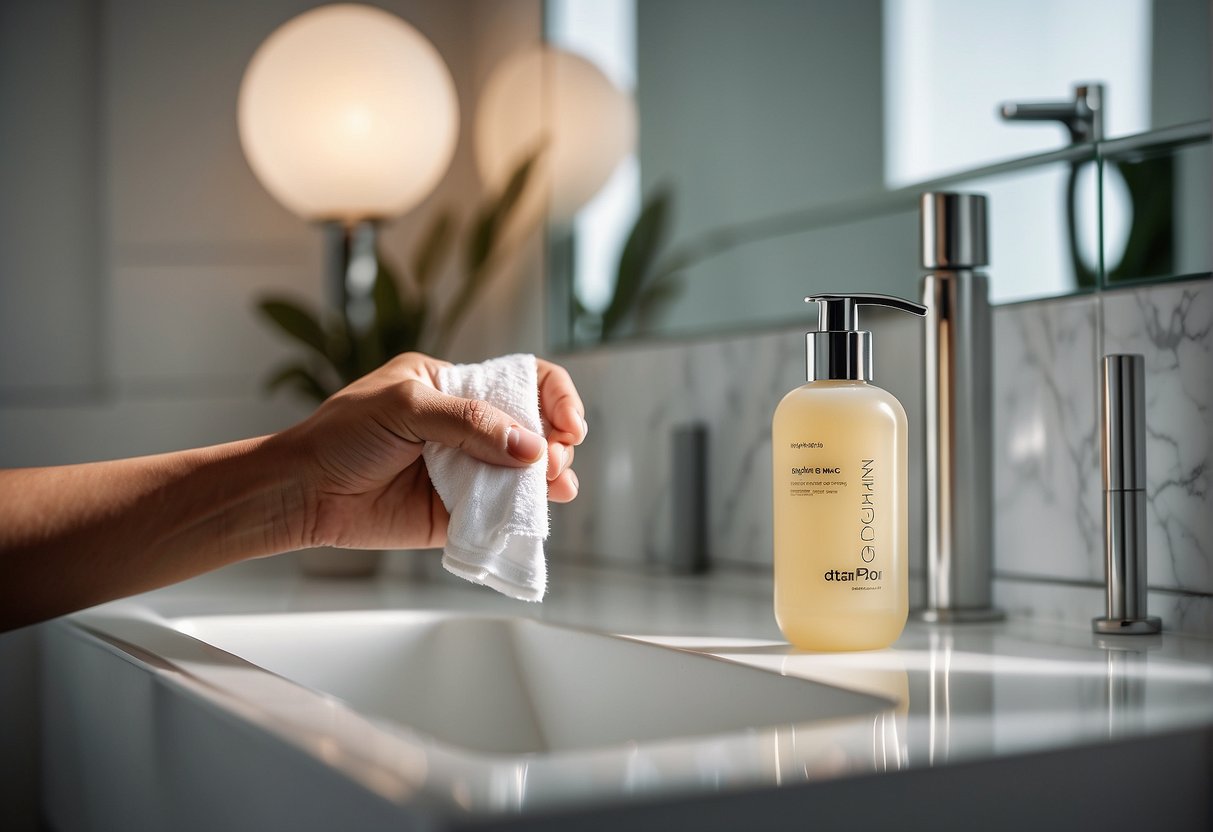 A hand holding a tube of depilatory cream, with a pair of scissors and a soft towel nearby on a clean, well-lit bathroom counter