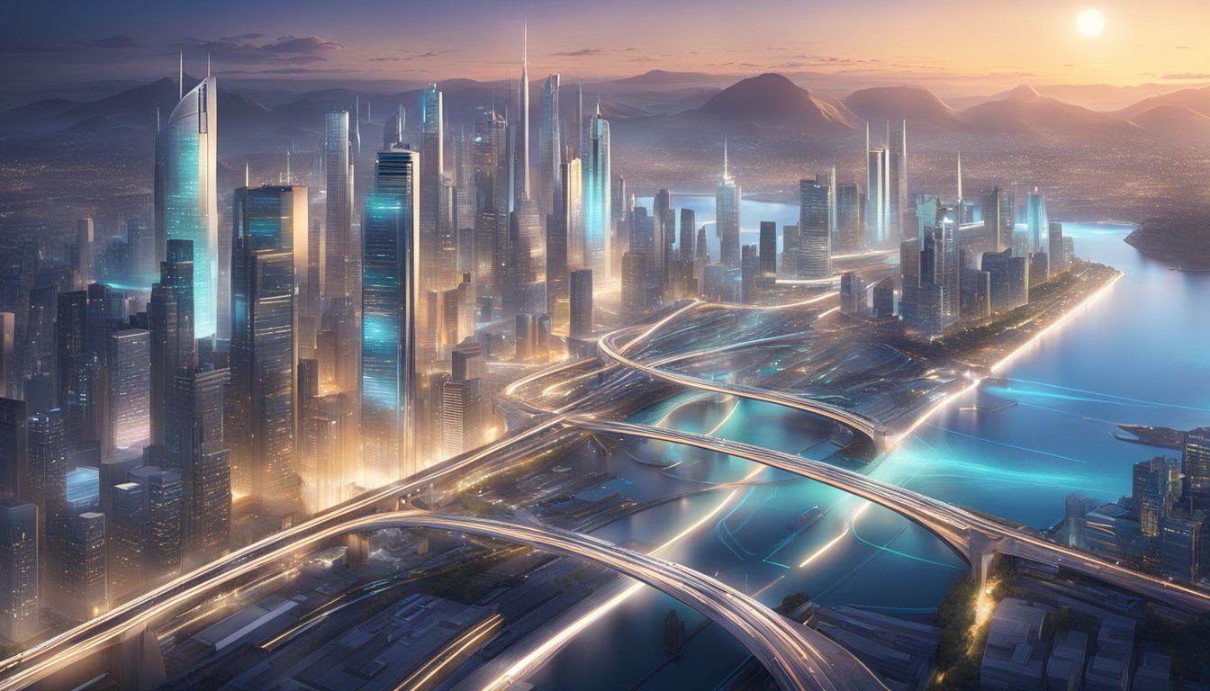 A futuristic city skyline with advanced infrastructure and digital interfaces, showcasing the impact of technological innovation by Animoca Brands