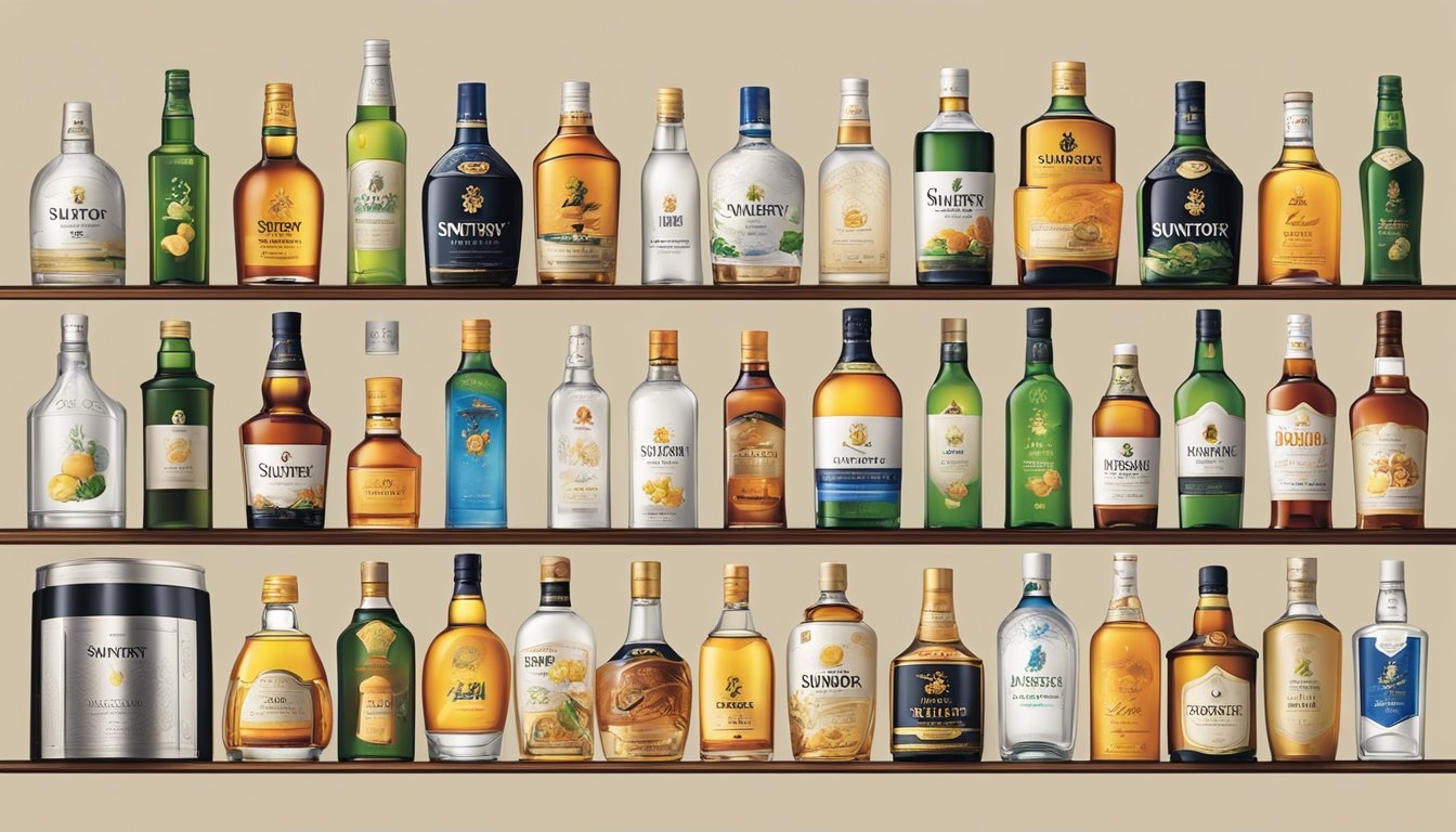 A display of Suntory's product range and innovations, featuring various bottles and packaging designs arranged in an attractive and organized manner