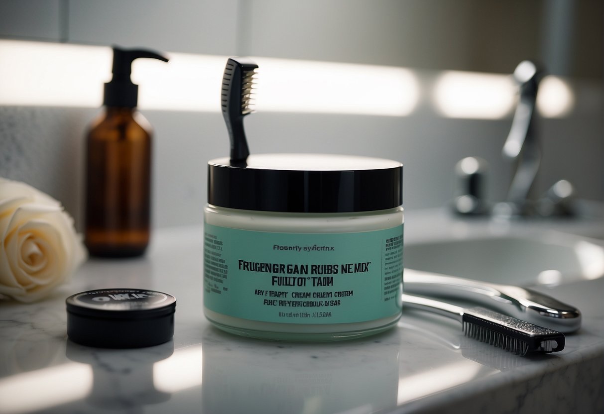 A jar of hair removal cream placed next to a razor on a bathroom counter, with a label reading "Frequently Asked Questions: What cream can I use to remove pubic hair?"