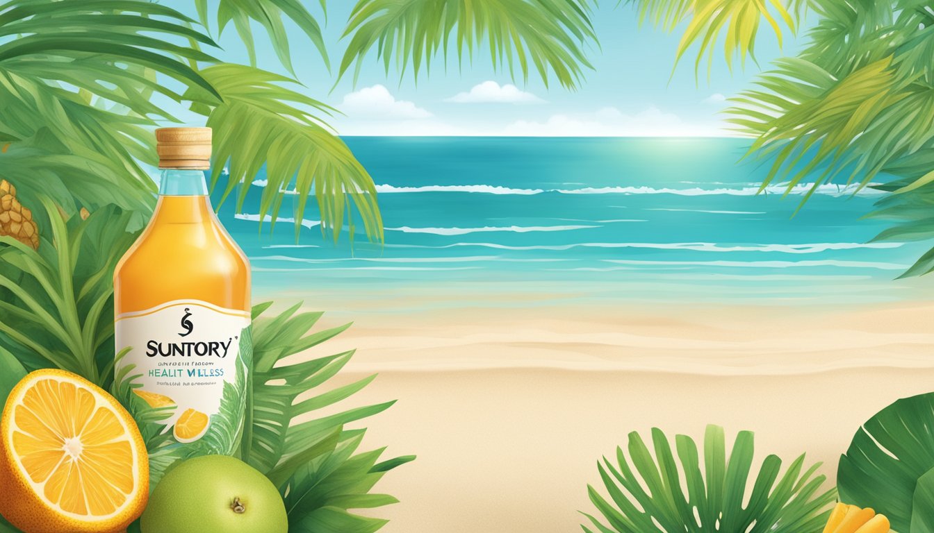 A serene beach with a bottle of Health and Wellness Philosophy brand's suntory placed on the sand, surrounded by vibrant tropical fruits and lush greenery