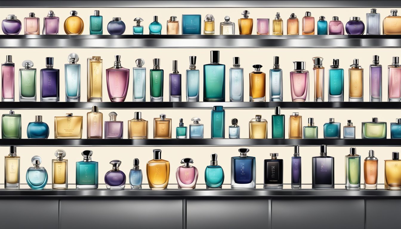 A lineup of elegant perfume bottles, each bearing a distinct brand label, arranged on a sleek, mirrored display shelf