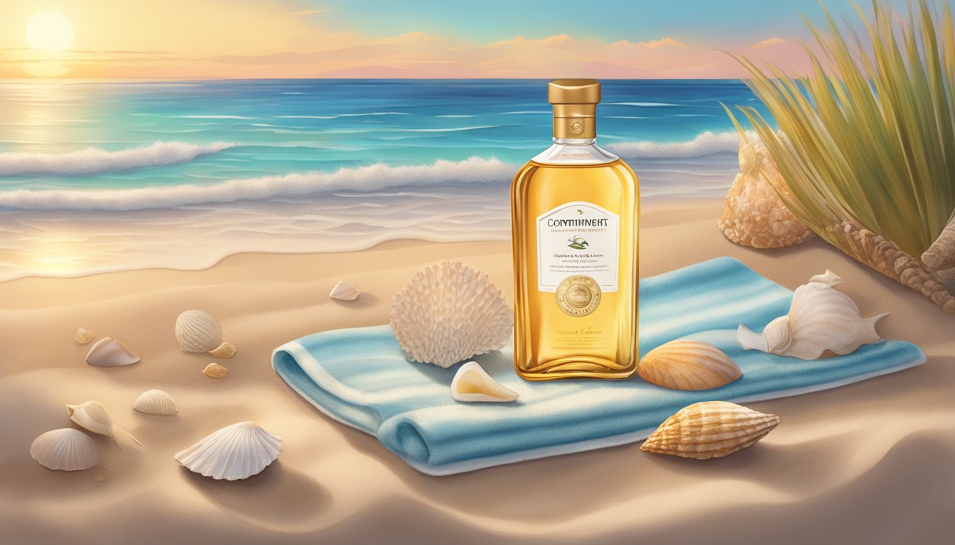 A serene beach at sunset, with a bottle of Commitment to Beauty and Wellness brand's suntory placed on a towel, surrounded by seashells and a gentle ocean breeze