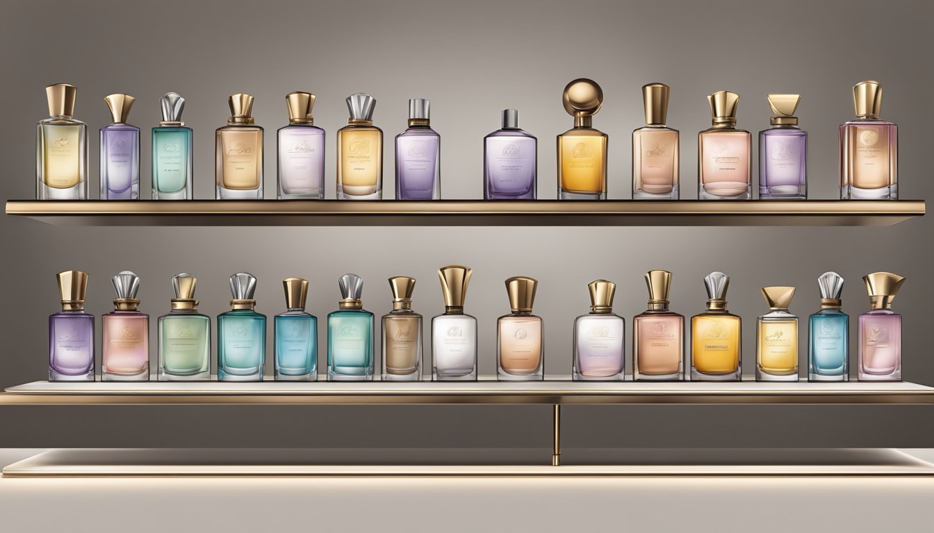 A display of elegant perfume bottles, each with unique branding and scents, arranged on a sleek, modern shelf