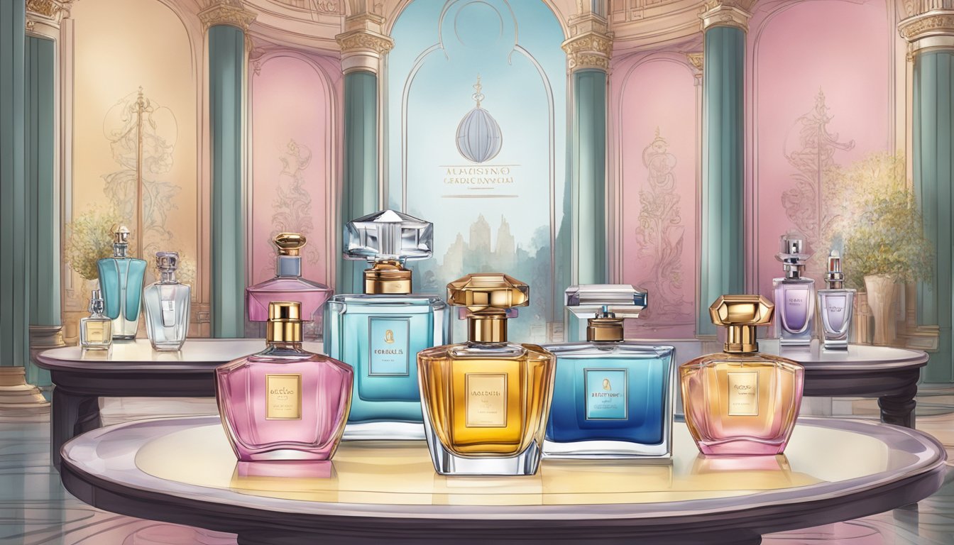 A display of iconic perfume bottles, each representing a different brand, with their unique creations showcased in a luxurious setting