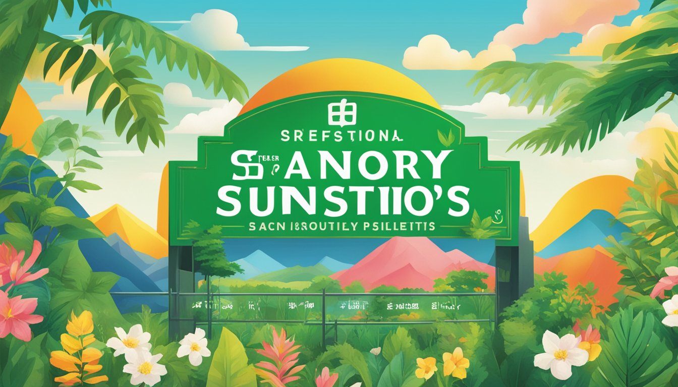 A vibrant display of Suntory brand's frequently asked questions, with bold typography and colorful graphics, set against a backdrop of sunny skies and lush greenery