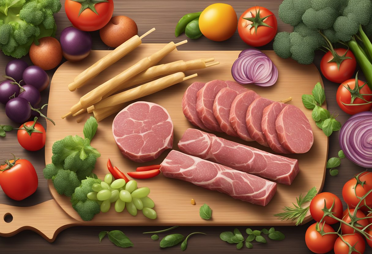 A variety of meat sticks arranged next to fresh vegetables and fruits on a wooden cutting board