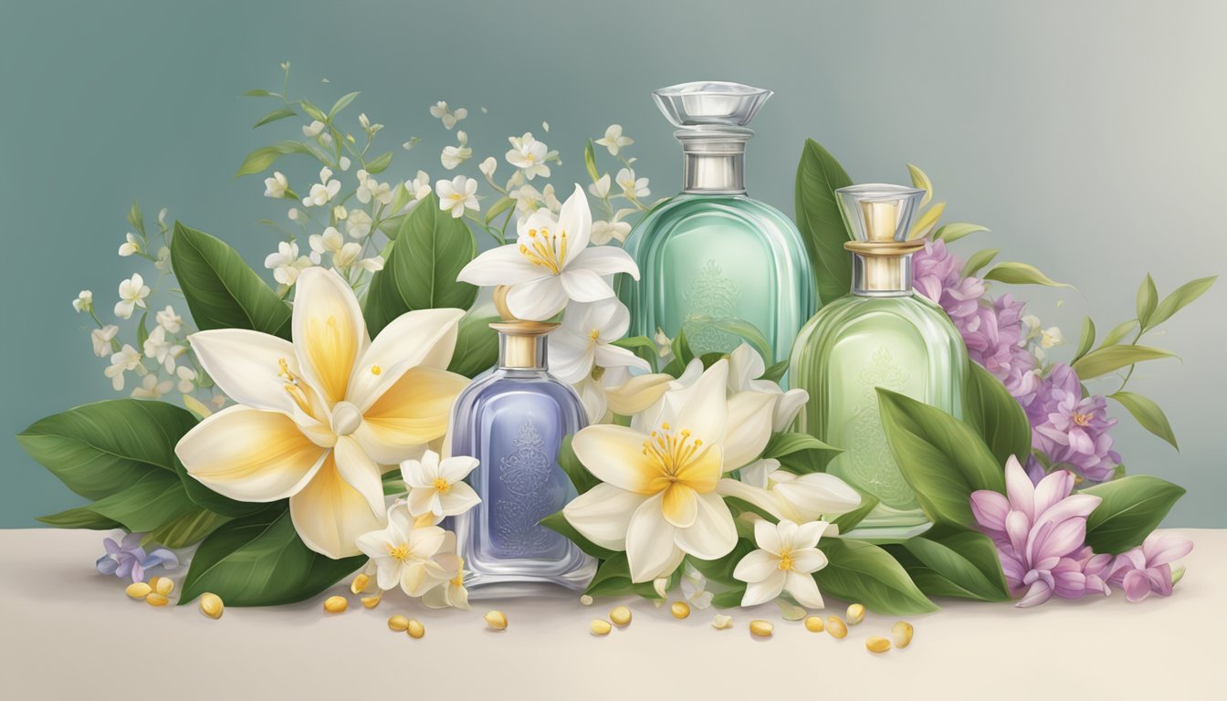 A table displays exotic ingredients like jasmine, vanilla, and musk, surrounded by swirling fragrance bottles and delicate floral arrangements