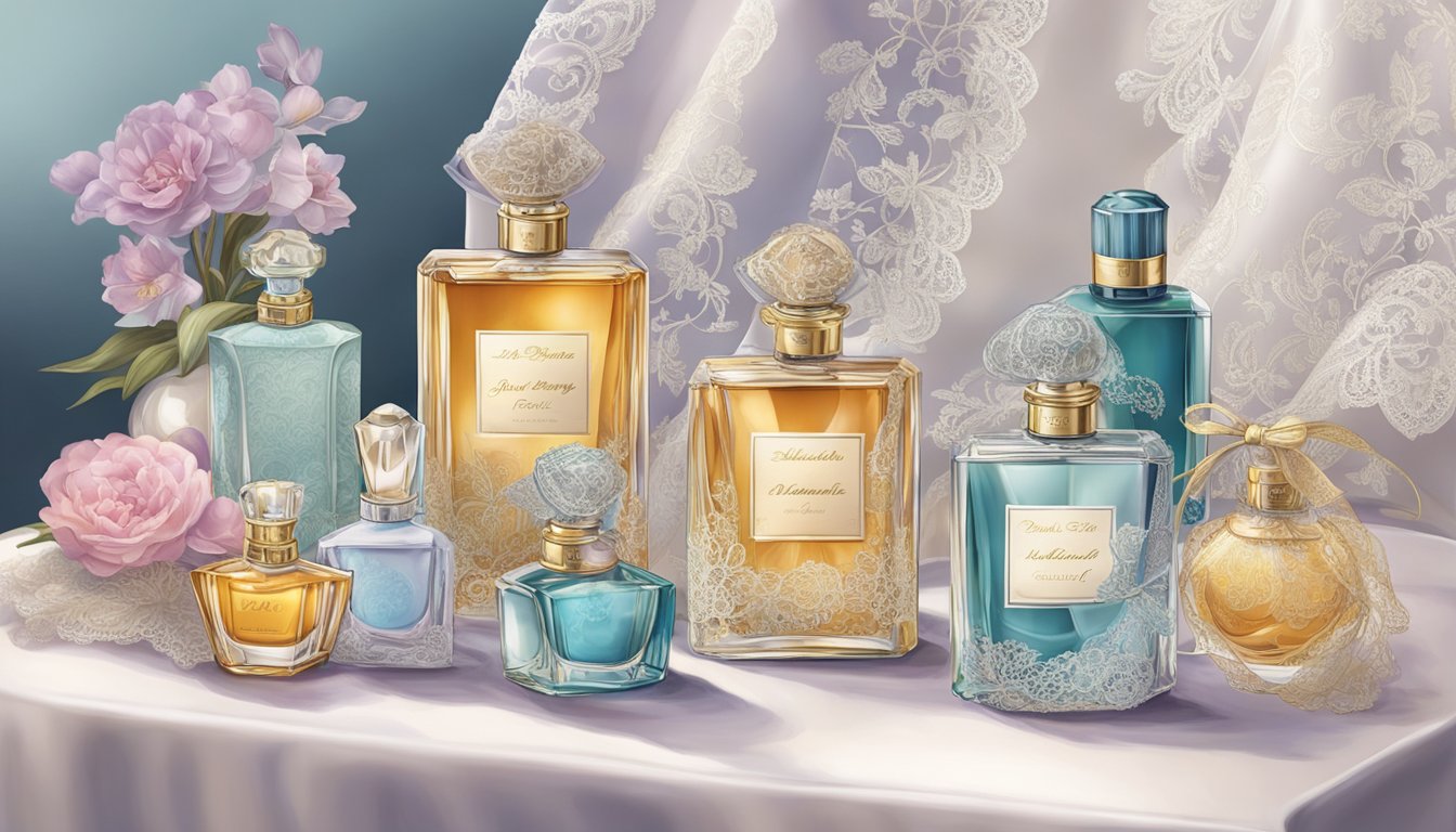 A table displays various perfume bottles, each with unique designs and labels. A delicate lace handkerchief is draped beside them, adding a touch of elegance to the scene