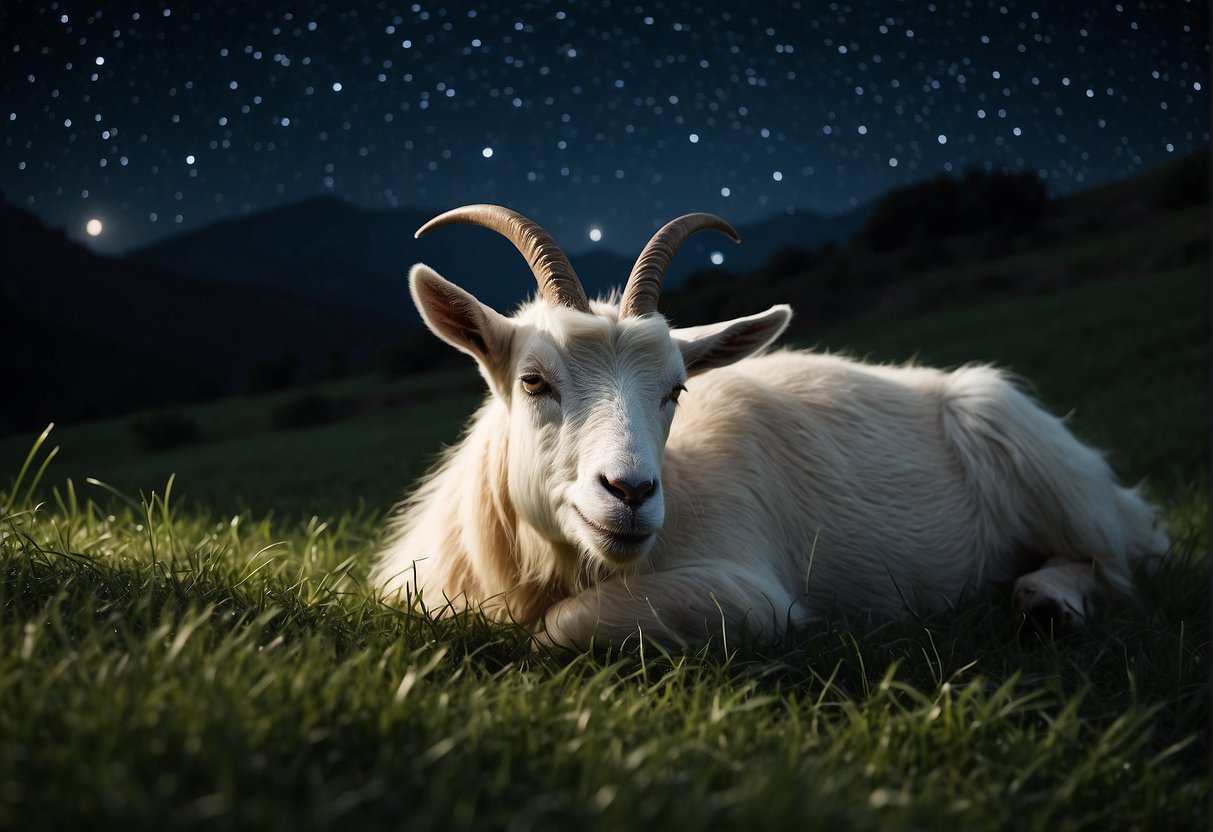 A goat peacefully sleeping under a starry night sky, surrounded by lush green grass and a sense of tranquility