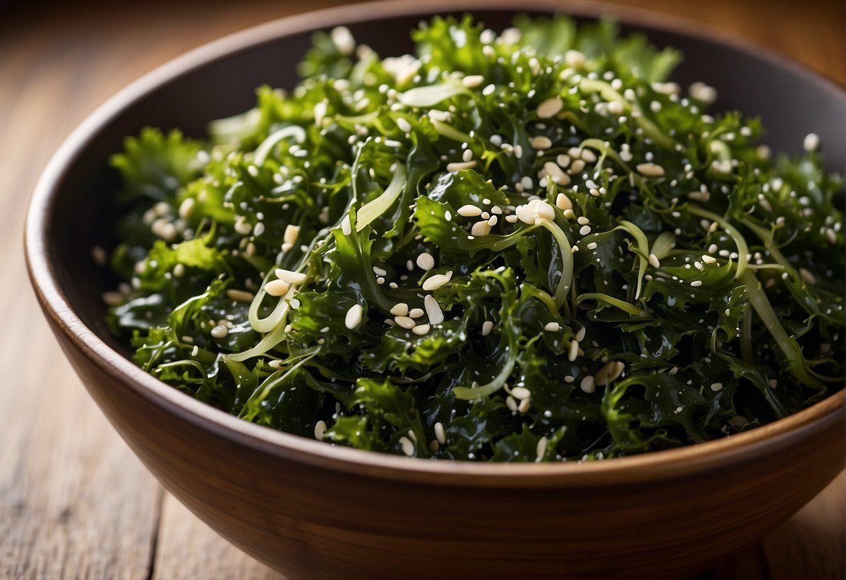 A wooden bowl filled with vibrant green seaweed, tossed in a tangy dressing with sesame seeds and sliced scallions scattered on top