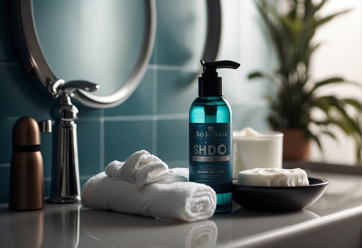 A razor and shaving cream on a bathroom counter, with a towel and a bottle of soothing lotion nearby
