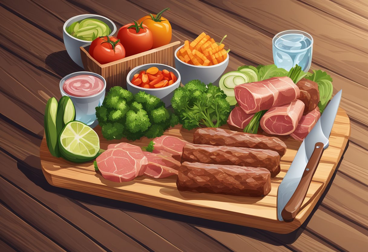 A variety of meat sticks are laid out on a wooden cutting board, surrounded by fresh vegetables and a glass of water