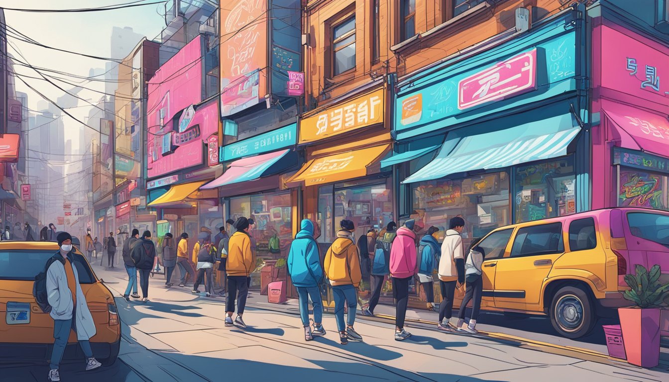 A bustling urban street with vibrant graffiti, neon signs, and trendy storefronts, showcasing the essence of Korean streetwear brand