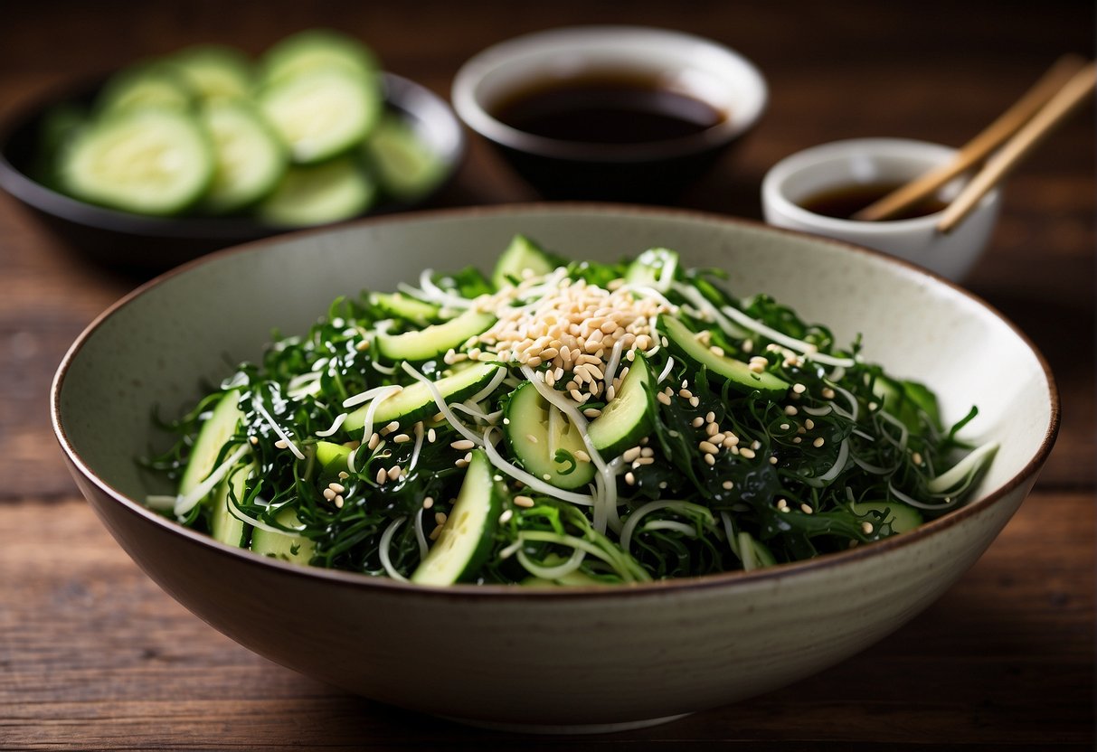 A bowl of vibrant green seaweed salad sits on a wooden table, garnished with sesame seeds and sliced cucumbers, with a side of soy sauce and chopsticks nearby