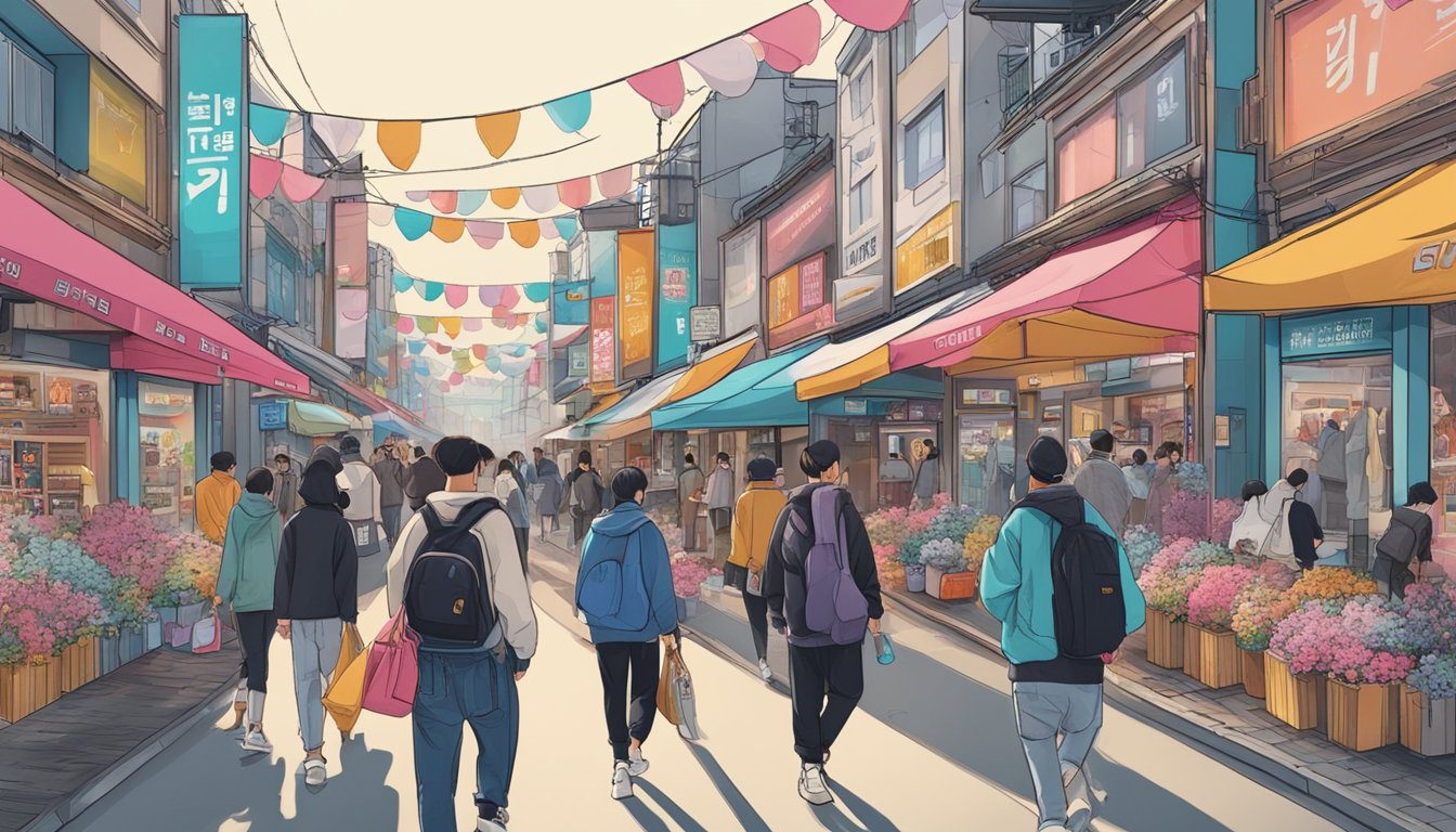 A bustling Korean street lined with trendy shops and vibrant murals, showcasing the rise of Korean streetwear brands in a dynamic urban setting