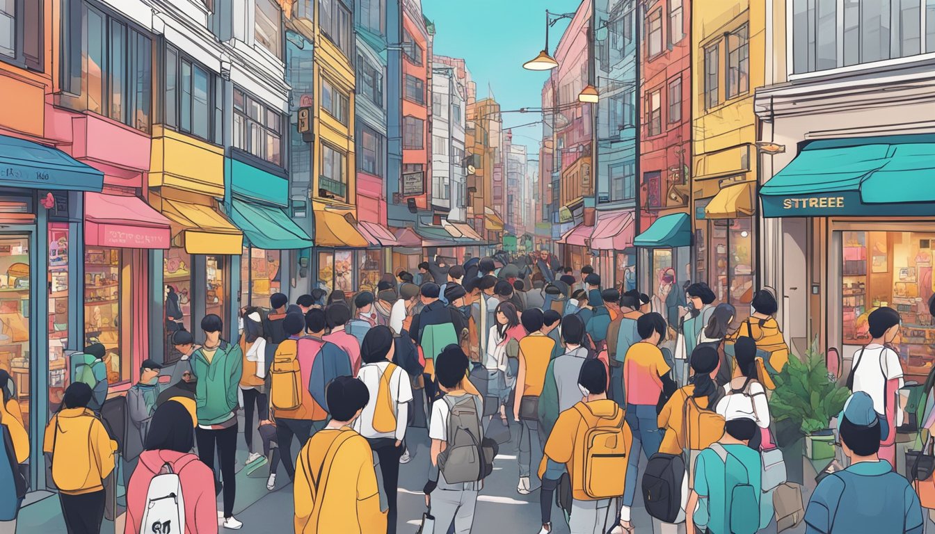 A bustling street lined with vibrant storefronts showcasing the latest designs from leading Korean streetwear brands
