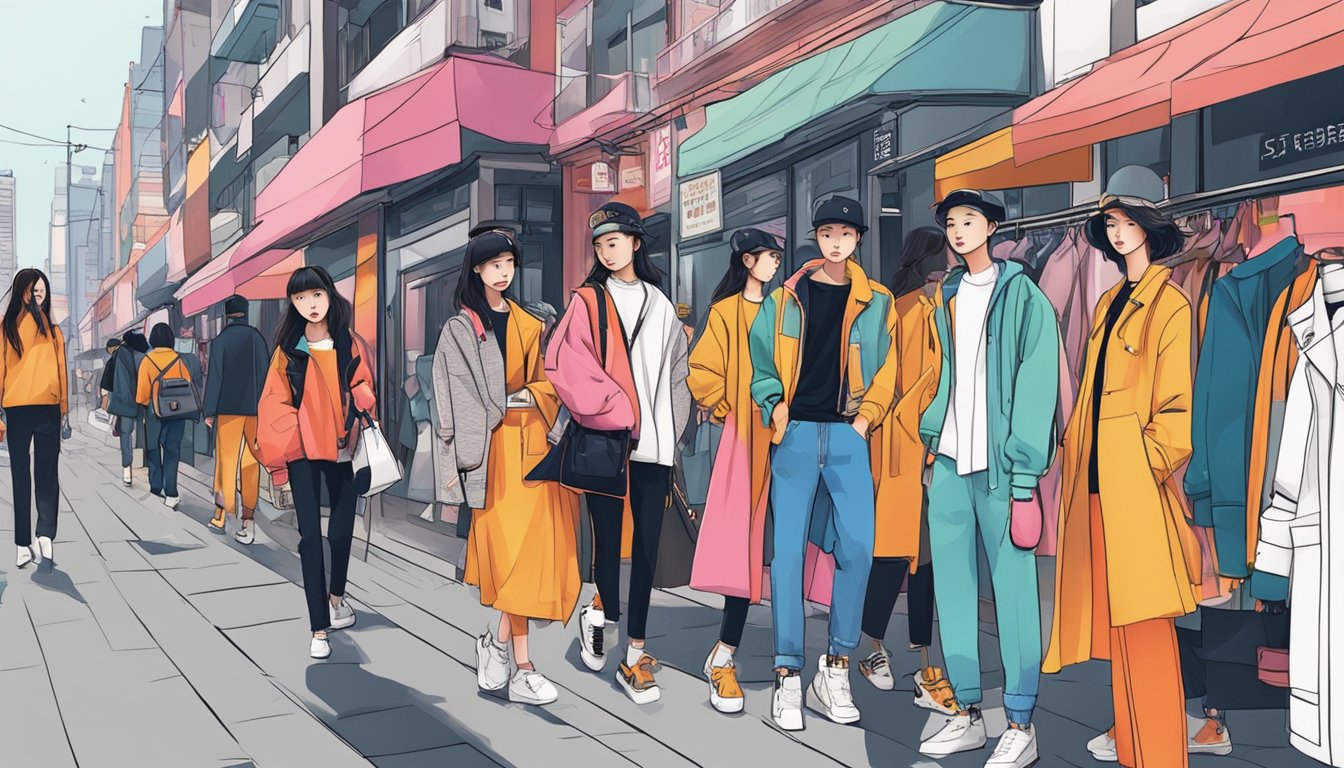 A bustling Korean street lined with vibrant storefronts showcasing modern, edgy fashion. Bold prints, oversized silhouettes, and unique accessories define the trendy streetwear scene
