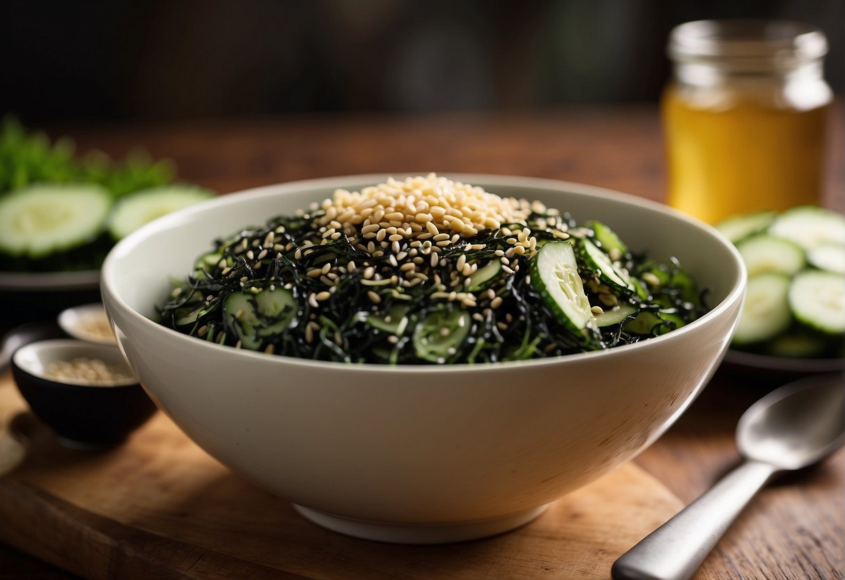 A bowl of mixed seaweed, sesame seeds, and sliced cucumber with a tangy dressing on a wooden table