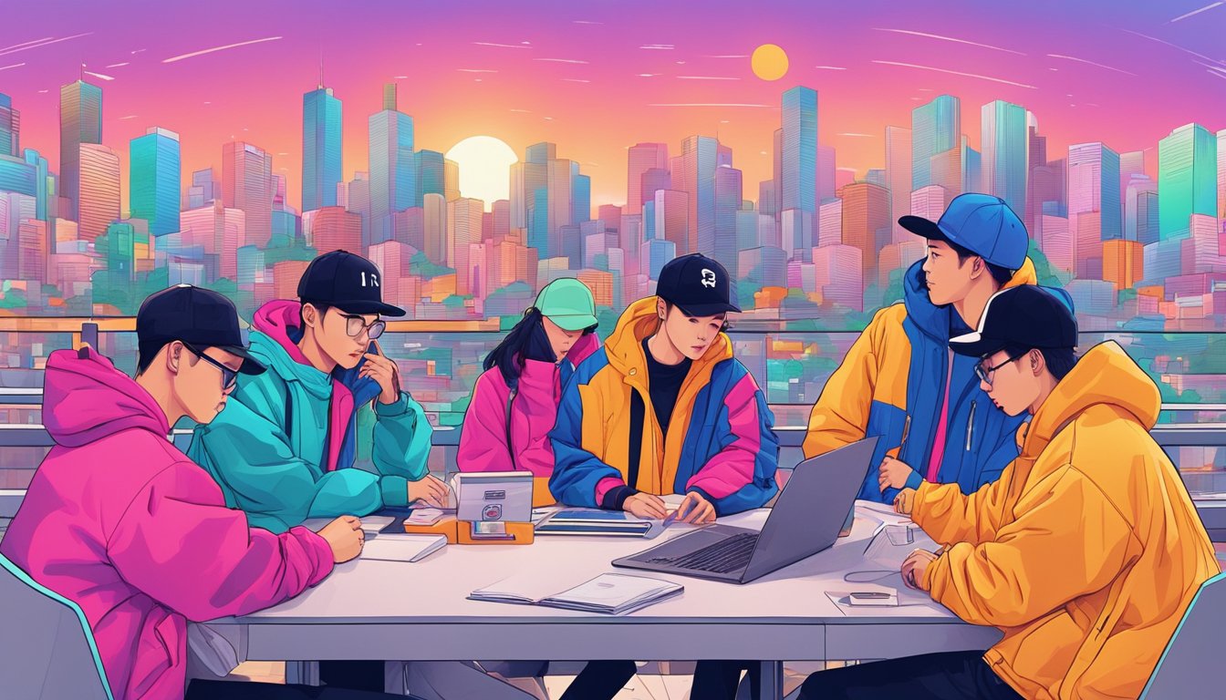 A group of streetwear designers collaborate in a vibrant Korean cityscape, exchanging ideas and influencing each other's work