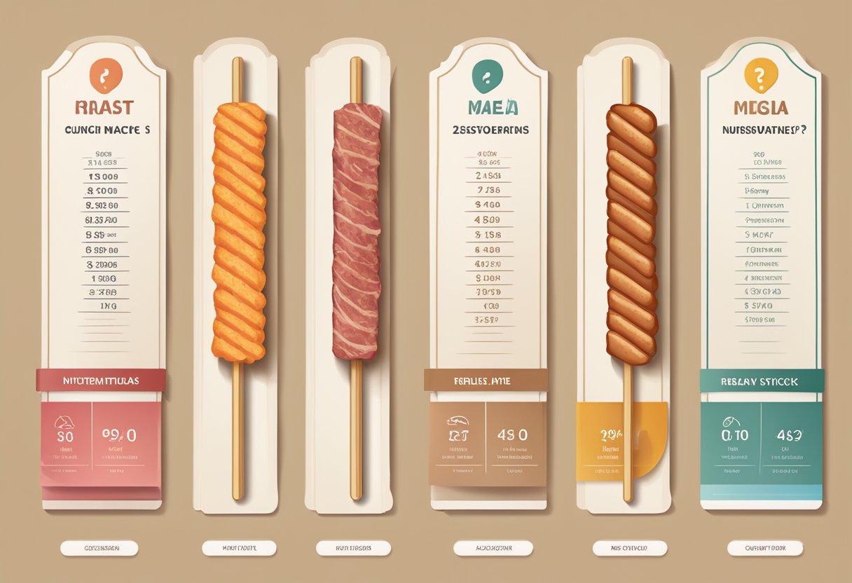 A variety of meat sticks displayed with nutritional information and a question mark